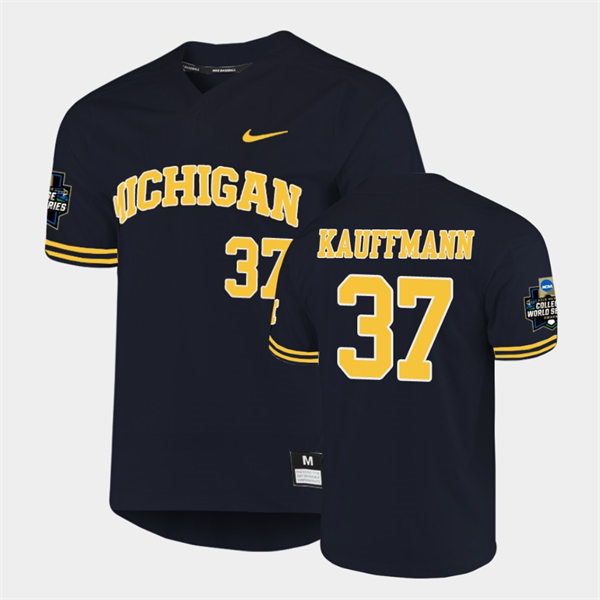 Mens Youth Michigan Wolverines #37 Karl Kauffmann 2019 NCAA Baseball College World Series Jersey Navy two-Button Pullover