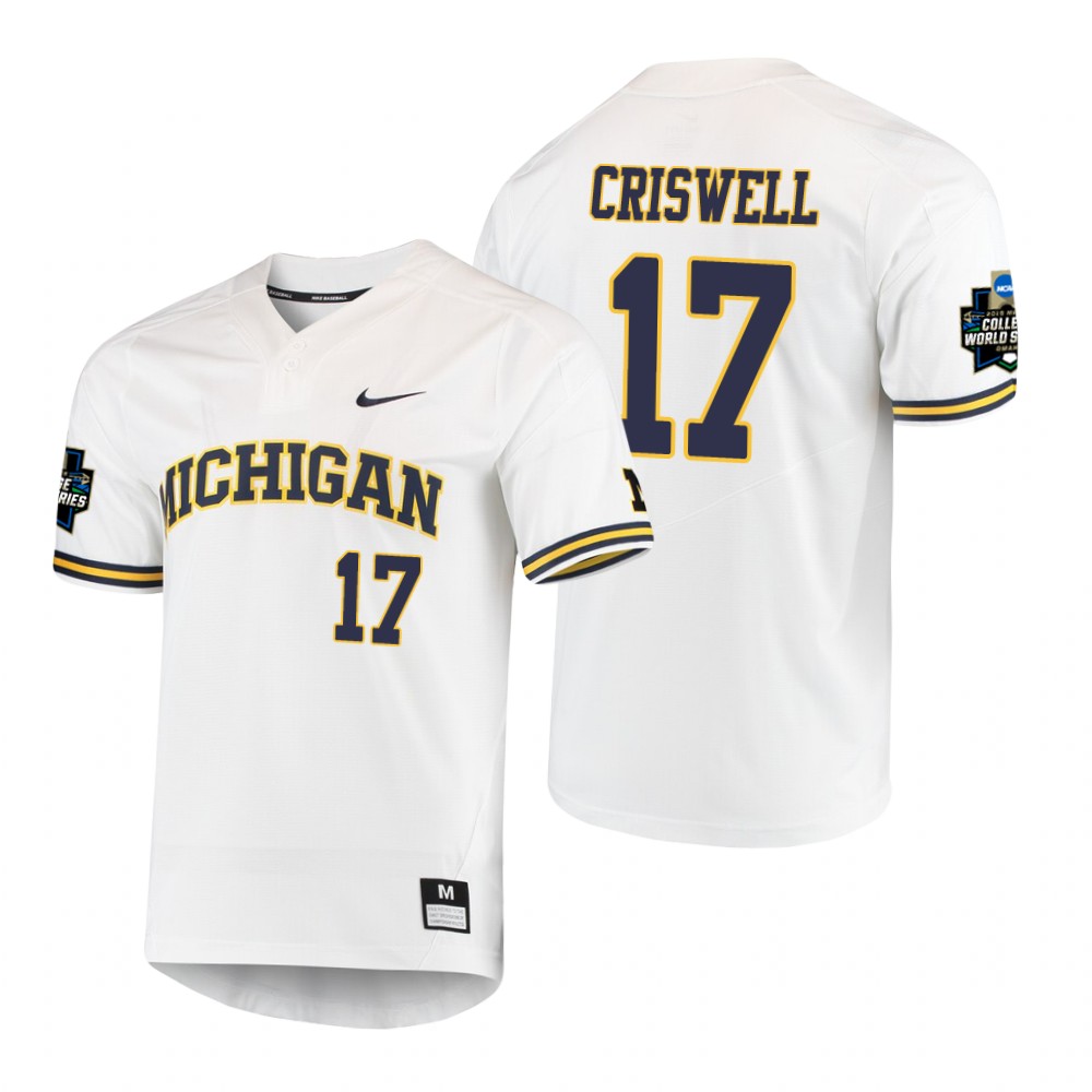 Mens Youth Michigan Wolverines #17 Jeff Criswell 2019 NCAA Baseball College World Series Jersey White two